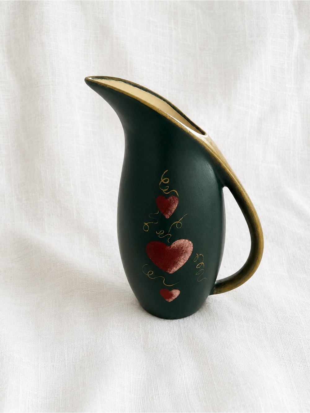 Decorative Dark Green Ceramic Pitcher with Red Heart Accents